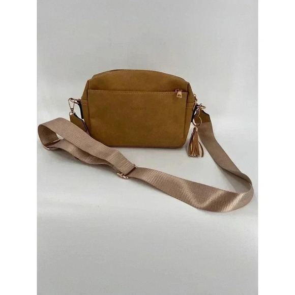 Roulens Triple Zip Small Crossbody Bag Tan Wide Strap Cell Phone Purse 9"x3"x6.5 - Picture 1 of 7